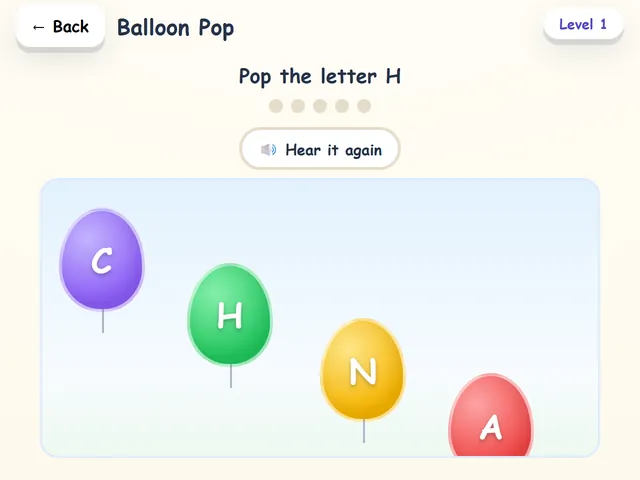 Balloon Pop: Letter balloons float up the screen: pop the letter H.