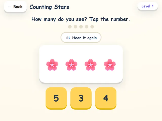 Counting Stars: Four flowers to count, and the number tiles 5, 3 and 4.
