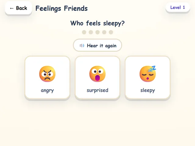 Feelings Friends: Who feels sleepy? Angry, surprised and sleepy faces.