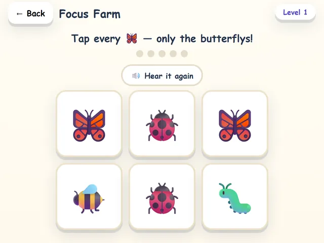 Focus Farm: A grid of butterflies, ladybirds, a bee and a caterpillar: tap only the butterflies.