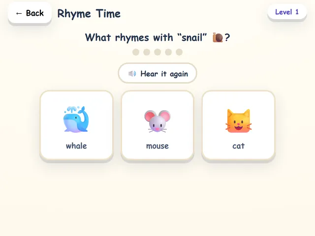 Rhyme Time: What rhymes with snail? A whale, a mouse and a cat to choose from.