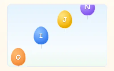 Letter balloons O, I, J and N floating up through the sky.