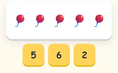 Five red balloons to count, and the numbers 5, 6 and 2 to tap.