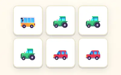Six cards: a bus, three tractors and two red cars.