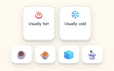 Two baskets, Usually hot and Usually cold, and a hot drink, a pot of stew, an ice cube and a snowman to sort.