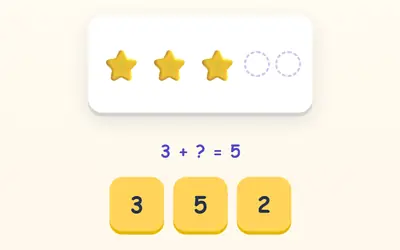 Three stars and two empty spaces, the sum 3 + ? = 5, and the numbers 3, 5 and 2.