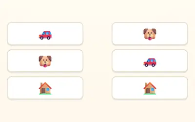 Two columns with a car, a dog and a house on each side, to join in matching pairs.