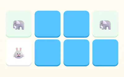 Eight cards: a matched pair of elephants, a rabbit turned over, and five cards still face down.