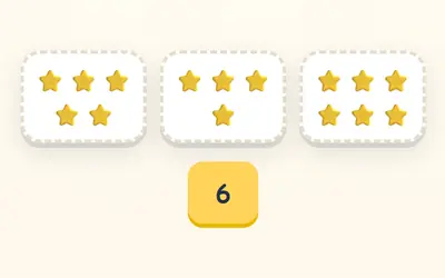Three plates with five, four and six stars, and the number 6 to put on the right plate.