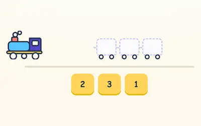 A train engine with three empty carriages, and the numbers 2, 3 and 1 to put in order.