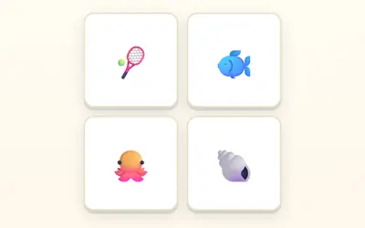 Four cards: a tennis racket, a fish, an octopus and a shell.