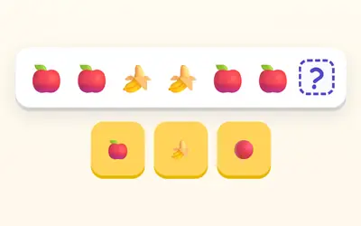 Apple, apple, banana, banana, apple, apple, then a question mark, with an apple, a banana and a red ball to choose from.