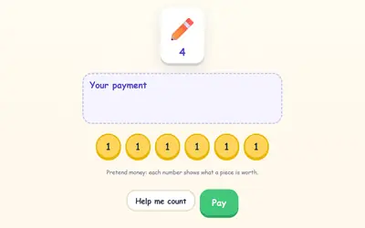 A pencil that costs 4, an empty payment box, six coins worth 1 each, and Help me count and Pay buttons.