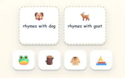 Two baskets, rhymes with dog and rhymes with goat, and a frog, a log, a coat and a boat to sort.
