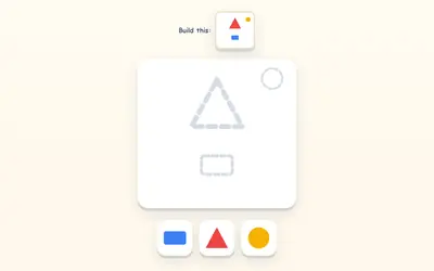 A boat to copy, made of a triangle, a rectangle and a circle, a board with their dotted outlines, and the three shapes to drag.