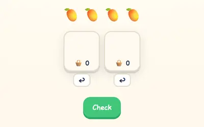 Four mangoes to share between two empty baskets, and a Check button.