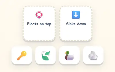 Two baskets, Floats on top and Sinks down, and a key, a leaf, a duck and a stone to sort.