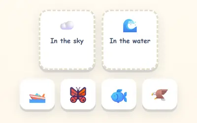 Two baskets, In the sky and In the water, and a boat, a butterfly, a fish and an eagle to sort.