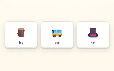 Pictures of a log, a bus and a hat.