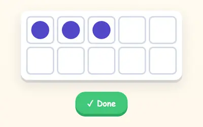 A ten-frame with three counters placed so far, and a Done button.