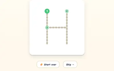 A capital H to trace, with numbered start dots, and Start over and Skip buttons.