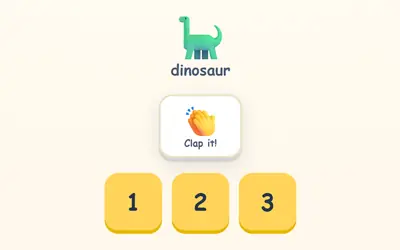 A dinosaur with its word, a Clap it! button, and the numbers 1, 2 and 3.